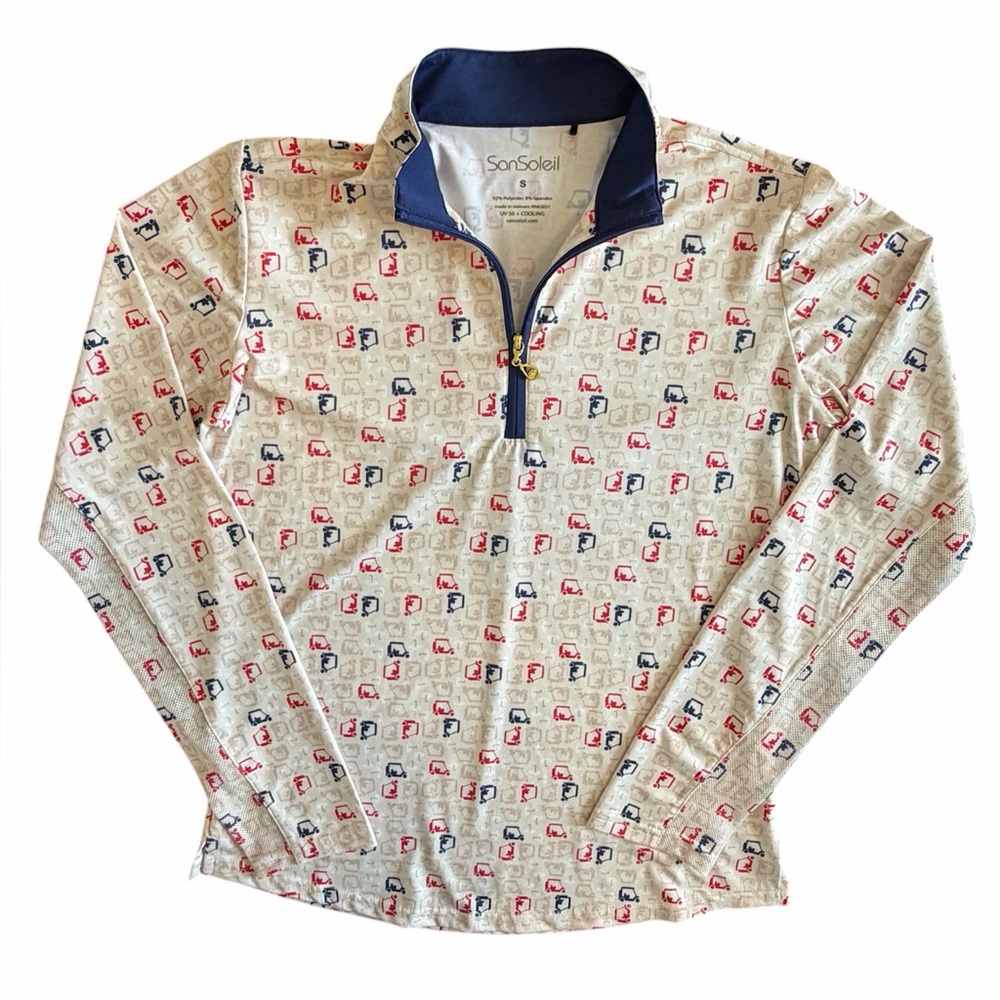 San Soleil 1/4 Zip Golf Pullover Shirt Womens Small Cream/Blue/Red